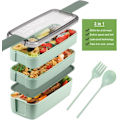 Pikkukuva 2 / 7: 3-osastoinen pinottava Bento-lounasrasia - vehnäolki, tiivis, 901 ml - BPA-vapaa, mikroaaltouunin ja astianpesukoneen kestävä aterian valmistukseen green