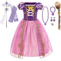 Pikkukuva 1 / 4: Tytöille tarkoitettu Tähkäpää-mekko, naamiaismekko, fantasia, lastenjuhlat, prinsessapuku, lapset, halloween, violetit paljetit, verkkovaatteet Tähkäpää A Set04-KL Rapunzel A Set04 9-10T(Tag150)