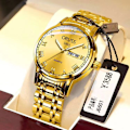 Miniatyrbild 1 av 5: Automatisk Mekanisk Klocka Herrkalender Lysande Vattentät Rund Vanlig Glasspegel Armbandsur Roman men's gold strap gold face