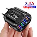 Miniatyrbillede 4 af 5: 3.1A 4 Port USB Rejseoplader Hurtig Opladning QC 3.0 Væglader til iPhone 14 13 Samsung Xiaomi Mobil EU Stik Opladningsadapter