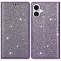Cover til iPhone 16 Plus, glitrende PU-læder + TPU med kortholder - Rosa Purple