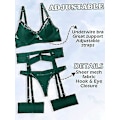 Miniatyrbilde 4 av 5: Grønt Sexy Lingerisett med BH, Truser, Strømpebånd og Lårstropper - Dame 4-delt Sett
