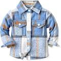 Miniatyrbillede 1 af 3: Flannel Plaid Skjortejakke til Baby Drenge og Piger, Langærmet Lapel Knappet Jakke til Småbørn, Efterår Vinter Yderbeklædning (3-6 Måneder, Blå)