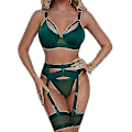 Miniatyrbilde 1 av 5: Grønt Sexy Lingerisett med BH, Truser, Strømpebånd og Lårstropper - Dame 4-delt Sett