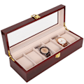 Miniatyrbild 5 av 8: Trä 6 Grid Watch Display Box Transparent fönster Watch förvaringsbox (röd)