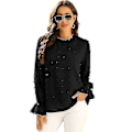 Miniatyrbild 1 av 3: Chiffon volang krage långärmad blus dam höst casual pullover topp svart
