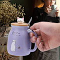 Miniatyrbilde 4 av 8: 1 stk Søt Katt Keramikkopp med skje og lokk Kaffe Vann Melkekopp for Drikkgave (lilla)