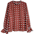 Miniatyrbillede 4 af 4: Chiffon Bluser med Lange Ærmer og Rufflet Hals - Kvinders Casual Pullover Top - Rød M