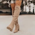 Miniatyrbilde 2 av 5: Vintermote Kvinners Overknees Suede Støvletter med Chunky Hæl, Enkle å Bruke - Svart - Størrelse 37
