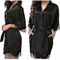 Miniatyrbillede 1 af 4: Sort Satin Kimono Morgenkåbe Soveværelse Kjole 2XL
