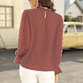 Miniatyrbillede 3 af 4: Chiffon Bluser med Lange Ærmer og Rufflet Hals - Kvinders Casual Pullover Top - Rød M
