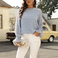 Miniatyrbilde 4 av 5: Chiffonbluse med Rufflet Hals, Lang Ermet Pullover Topp - Himmelblå XL