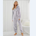 Miniatyrbilde 4 av 5: Vintervarm fleece-jumpsuit i pysjamas for kvinner - Ensfarget hettegenser i ett stykke nattøy