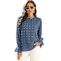 Miniatyrbilde 1 av 4: Blå Chiffon Bluse med Ruffet Hals, Lang Erme, Høst Casual Pullover - Dametopper