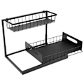 Miniatyrbilde 8 av 8: L-formet under vask Organizer 2-etasjers bæreevne 50lbs Multi Bruk Skyv ut skap Organizer for kjøkken Bad Svart