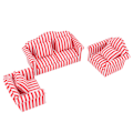 Miniatyrbilde 7 av 8: 3 stk Dukkehussofa Sett Furutrekk Dobbelsofa 2 Enkelsofa Lys Farge Stripe Miniatyr Sofa for 1:12 Dukkehjem Rød