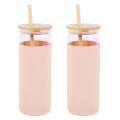 Miniatyrbilde 1 av 3: 2 stk 17 oz Glass Tumbler Bærbar Glass Vannflaske Straw Silikon Etui Deksel Bambuslokk Pin