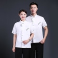 Pikkukuva 4 / 5: Unisex lyhyt- ja pitkähihainen kokkihaalaritakki hotellille, keittiölle, palvelulle, työasu White and Blue L Short Sleeve