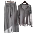 Dam Långärmad Skjorta Kostym Casual Blus + Elastisk Midja Vida Ben Byxor Set Grå Grå M