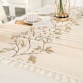 Miniatyrbilde 3 av 4: Beige Rektangulær Flekkbestandig Duk Vaskbar Bomull og Lin Bordduk med Brun Bladbroderi & Frynser 140 x 180 cm