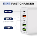 Miniatyrbild 4 av 5: USB C Laddare, 65W 5 Port USB C Laddare med QC 3.0 Laddare, USB Strömadapter för iPhone 15 14 13 12 11 Pro MAX SE 2020 XS XR 8 7, Samsung, Tablet