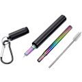 Miniatyrbillede 1 af 4: 1 x Foldbar Genanvendelig Rustfri Stål Bærbar Metal Drikkehalm med Aluminium Nøgleringsetui & Rensebørste (Regnbue Halm + Sort Etui)