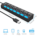 Miniatyrbillede 4 af 5: USB 7 Port, USB 2.0 Hub med Individuel Kontakt og 60cm Kabel, Multi USB Port Multiplikator til PC, PS4 og U Disk