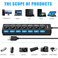 Miniatyrbillede 2 af 5: USB 7 Port, USB 2.0 Hub med Individuel Kontakt og 60cm Kabel, Multi USB Port Multiplikator til PC, PS4 og U Disk