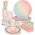 Miniatyrbilde 1 av 4: IC Engangstallerken Engangsservice Bursdag 125 stk Papirplate Desserveringsett Tallerkener og kopp Serviett sugerør (Rosa)