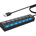 Miniatyrbillede 1 af 5: USB 7 Port, USB 2.0 Hub med Individuel Kontakt og 60cm Kabel, Multi USB Port Multiplikator til PC, PS4 og U Disk