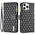 Miniatyrbillede 1 af 5: BINFEN COLOR BF Style-15 Til iPhone 16 Pro Max Etui Rhombus Præget Læder Telefon Cover Black