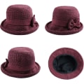 Miniatyrbillede 3 af 6: Dame Bowler Hat med Oprullet Kant Vinter Retro Cloche Hat med Justerbar Sløjfe - Rød