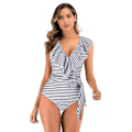 Miniatyrbillede 1 af 5: Kvinders V-hals Enkelt Stykke Bikini Ruffle Højtaljet Rygløs Tankini Elegant Badetøj Mave Kontrol Strand Badetøj S Sort Hvid