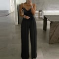 Miniatyrbilde 1 av 3: Dame Casual Ensfarget Lang Playsuit Løs Dame Perle Suspender Jumpsuit（L Svart）