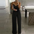 Miniatyrbillede 1 af 3: Kvinders Casual Ensfarvet Lang Playsuit Løs Dame Perle Suspender Jumpsuit（L Sort）