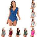 Miniatyrbillede 1 af 4: Kvinders V-hals Enkelt Stykke Bikini Ruffle Højtaljet Rygløs Tankini Elegant Badetøj Mave Kontrol Strand Badetøj S ArmyGreen