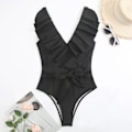 Miniatyrbillede 4 af 5: Kvinders V-hals Enkelt Stykke Bikini Ruffle Højtaljet Rygløs Tankini Elegant Badetøj Mave Kontrol Strand Badetøj S Sort Hvid