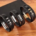 Miniatyrbild 4 av 5: Flerskiktat läderarmband för män i rostfritt stål med magnetiskt spänne i koppar