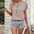 Miniatyrbild 4 av 5: Henley T-shirts för Dam Sommar Vardagliga Toppar Kortärmad Rund Hals T-shirt Lösa Blusar Sommar T-shirts Tunikor Toppar Svart L(BlackL) Black L