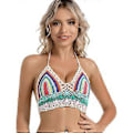 Miniatyrbillede 1 af 5: Hæklet halterneck-badedragtstop til damer, dyb V-hals hæklet croptop med polstring, strandtop med justerbar ryg (Farverig risS) Colorful rice S