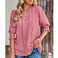Miniatyrbilde 4 av 5: Dame Halv Erme V-hals Topp Elegant Moderne Ensfarget Puff Erme Elastisk Rynket Mansjett Skjorte Bluse (MPink) Pink M