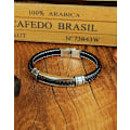 Miniatyrbild 4 av 5: Svart läderarmband för män för tonårspojkar i silver rostfritt stål