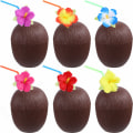 Miniatyrbillede 1 af 5: 6 stk. 401-500 ml falske kokosnøddekopper med blomster sugerør til hawaiiansk