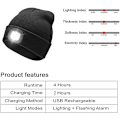 Miniatyrbillede 5 af 5: USB Genopladelig LED Hue, Håndfri 4 LED Lommelygte, Pandelampe Hue, Vinter Unisex Hue Hvid