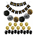 Miniatyrbillede 1 af 4: Sort Happy Birthday Banner med Sort Guld Papir Flag Bunting Papir Swirl Streamers Pom Poms til Fødselsdagsfest Dekorationer