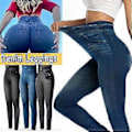 Pikkukuva 2 / 5: Naisten korkeavyötäröiset, täyspitkät, tekonahkaiset denim-leggingsit Grey 4XL