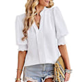 Miniatyrbilde 1 av 5: Dame Halv Erme V-hals Topp Elegant Moderne Ensfarget Puff Erme Elastisk Rynket Mansjett Skjorte Bluse (XL Hvit) White XL