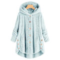 Miniatyrbillede 1 af 2: Dame Jakke Mode Knap Fluffy Uld Hætte Jakke Løs Vinter Varme Plus Størrelse（M Lyseblå）