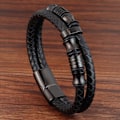 Miniatyrbillede 1 af 5: Sort læderarmbånd til mænd - Sort, sølv og guld rustfrit stål