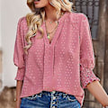 Miniatyrbilde 5 av 5: Dame Halv Erme V-hals Topp Elegant Moderne Ensfarget Puff Erme Elastisk Rynket Mansjett Skjorte Bluse (SPink) Pink S